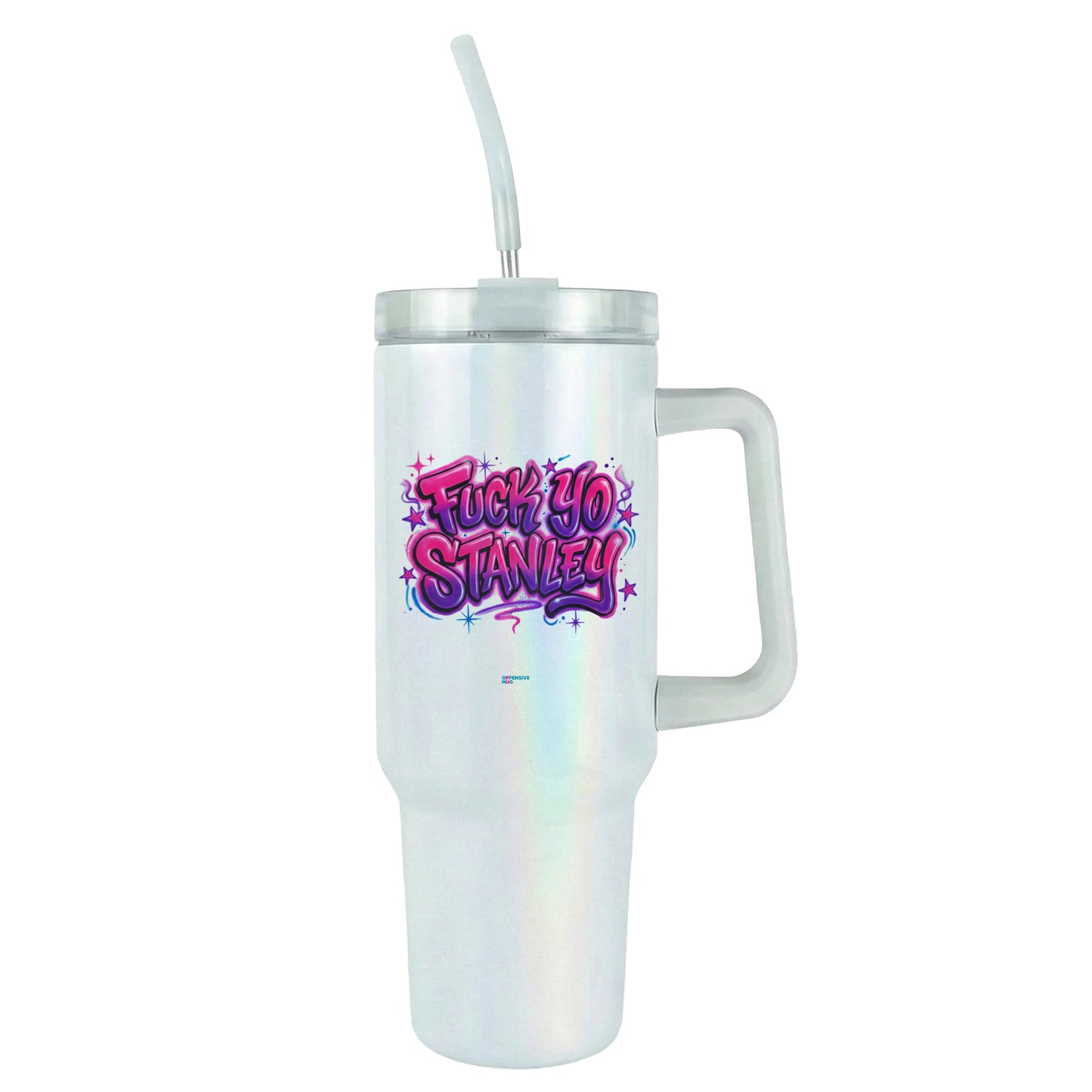White tumbler with colorful text on a white background